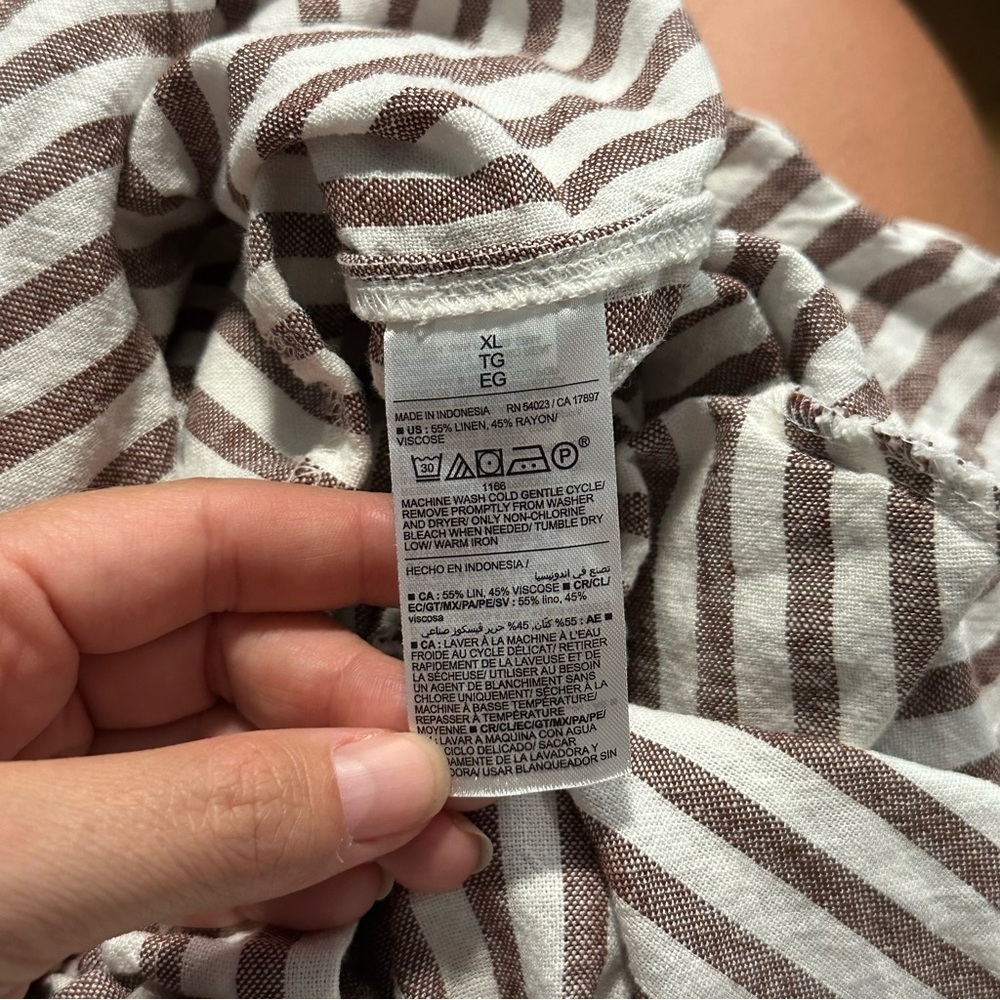 Old navy xl brown cream vertical stripe button up shirt dress pocket linen rayon - Picture 4 of 5